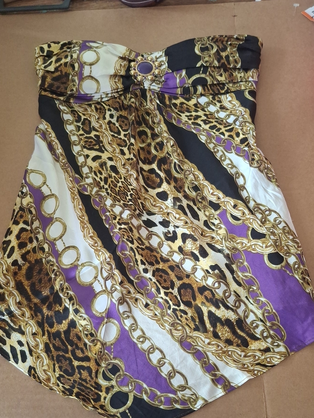 Vintage Y2K Caché Silk Leopard & Gold Chain Strapless Tube Top - Size S